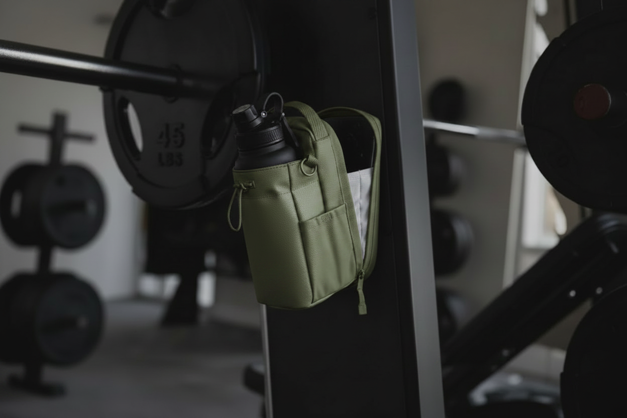 Military green magnetic fitness bag on gym equipment