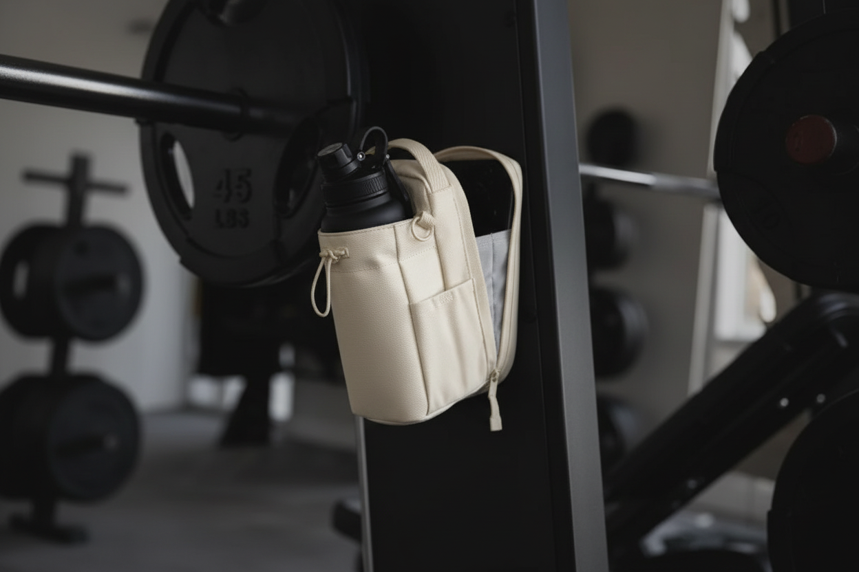 Off white magnetic fitness bag on gym equipment